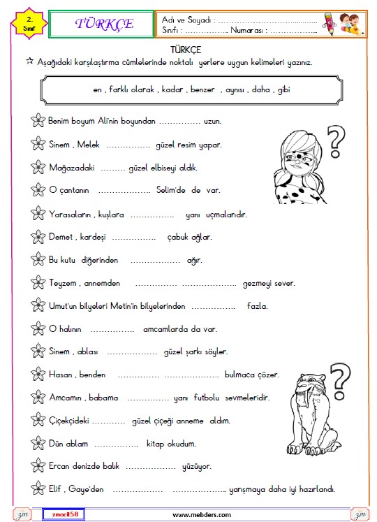 2. Türkçe Karşılaştırma Cümleleri Etkinliği