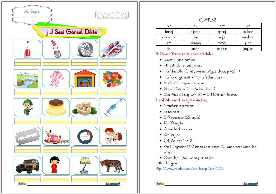 1. Sınıf İlk Okuma Yazma J Sesi GÖRSEL DİKTE