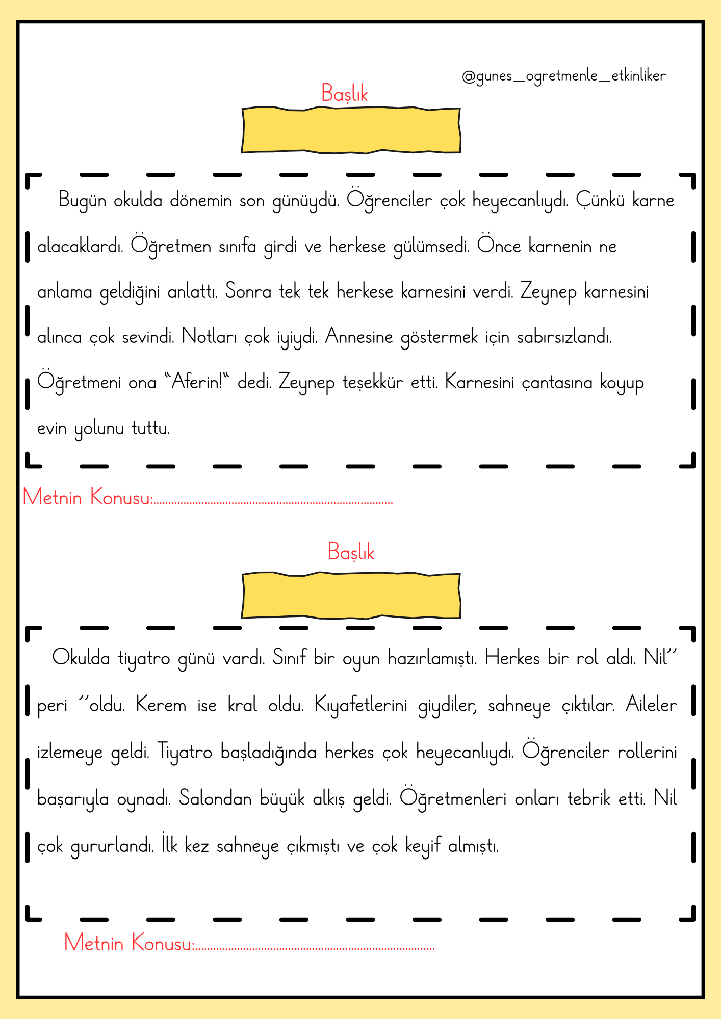 1. Sınıf Metnin Konusunu Bulma Çalışma Sayfaları