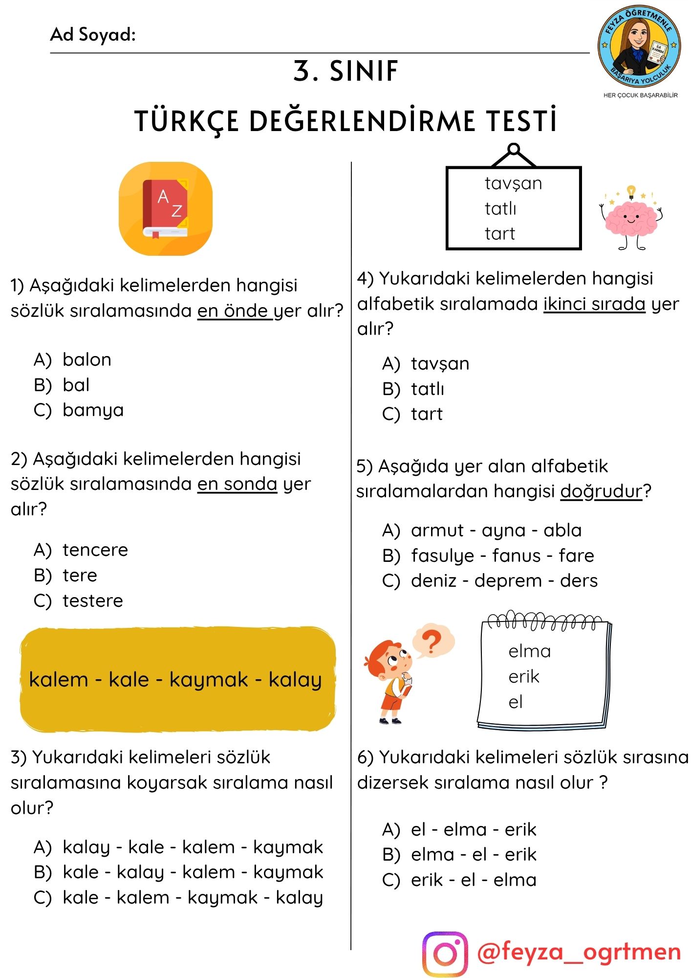 3. Sınıf Türkçe-Matematik Dersinden Haftalık Değerlendirme Testi