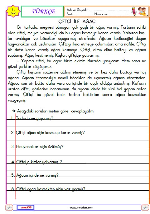 3. Sınıf Türkçe Okuma ve Anlama Metni Etkinliği 36 (Çiftçi ile Ağaç)