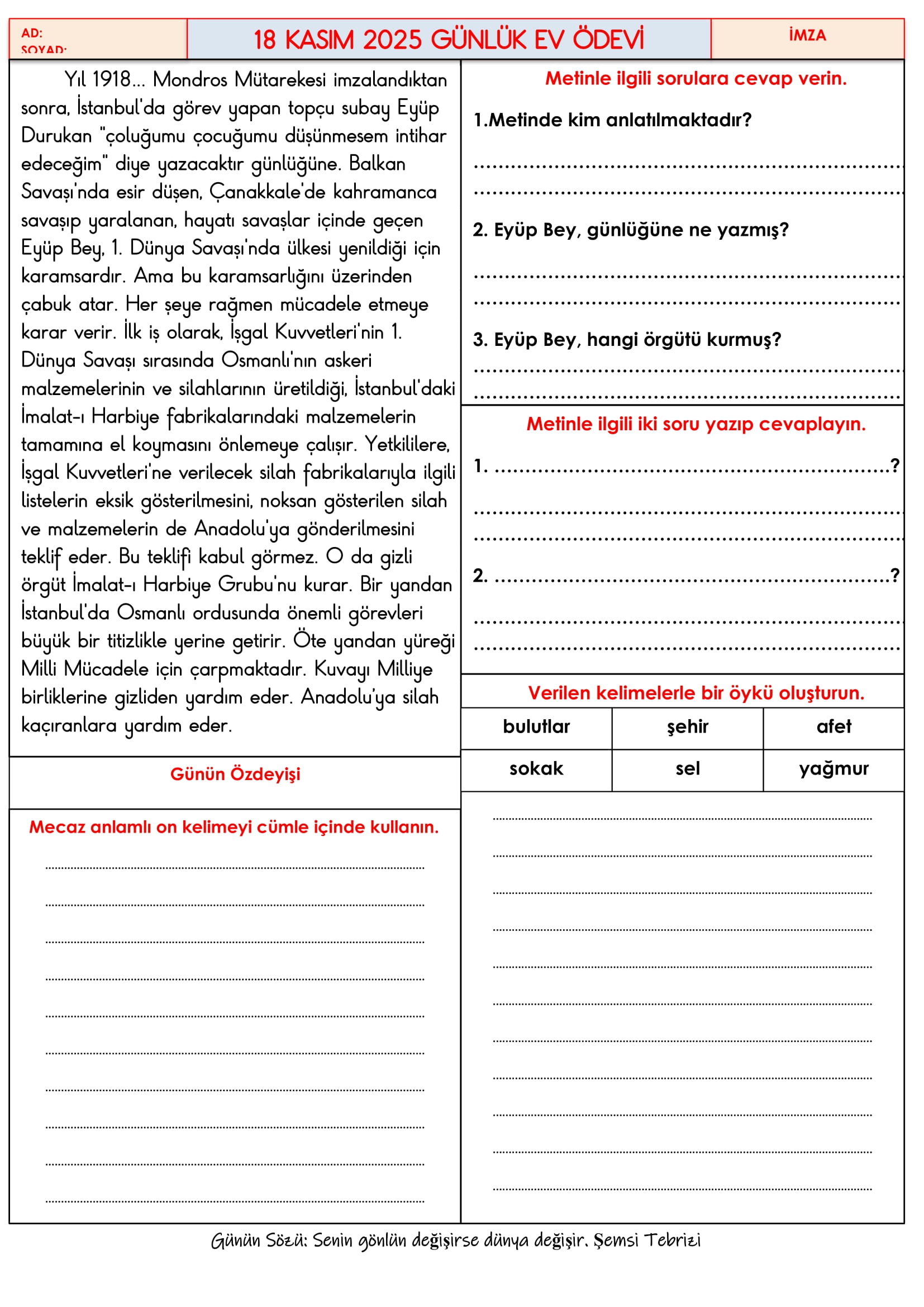 4.Sınıf - 18 Kasım 2025 Günlük Ev Ödevleri