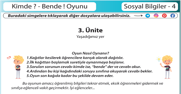 4.Sınıf Sosyal Bilgiler Kimde  Bende ! Oyunu (Yaşadığımız Yer Ünitesi)