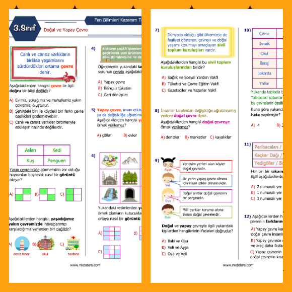 3. Sınıf Fen Bilimleri Doğal ve Yapay Çevre Kazanım Testi