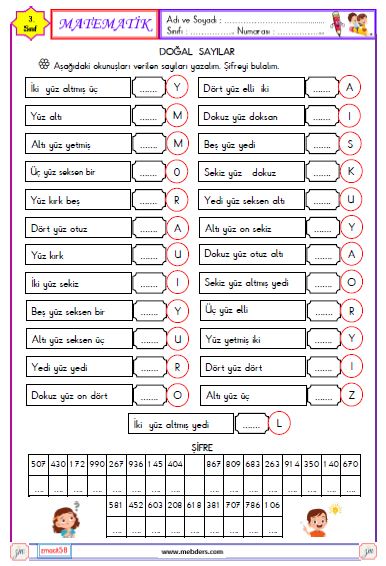 3. Sınıf Matematik Doğal Sayıları Okuma ve Yazma Etkinliği 6