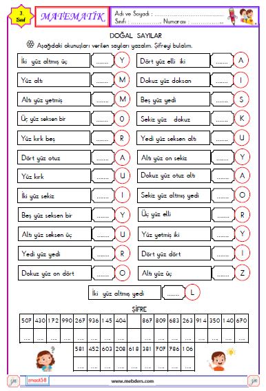 3. Sınıf Matematik Doğal Sayıları Okuma ve Yazma Etkinliği 6