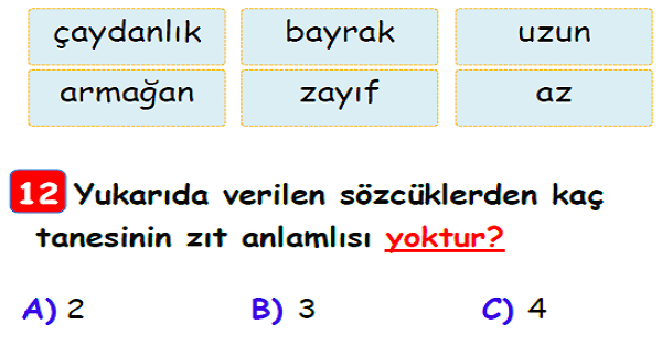 3.Sınıf Türkçe Zıt Anlamlı Kelimeler Yaprak Test