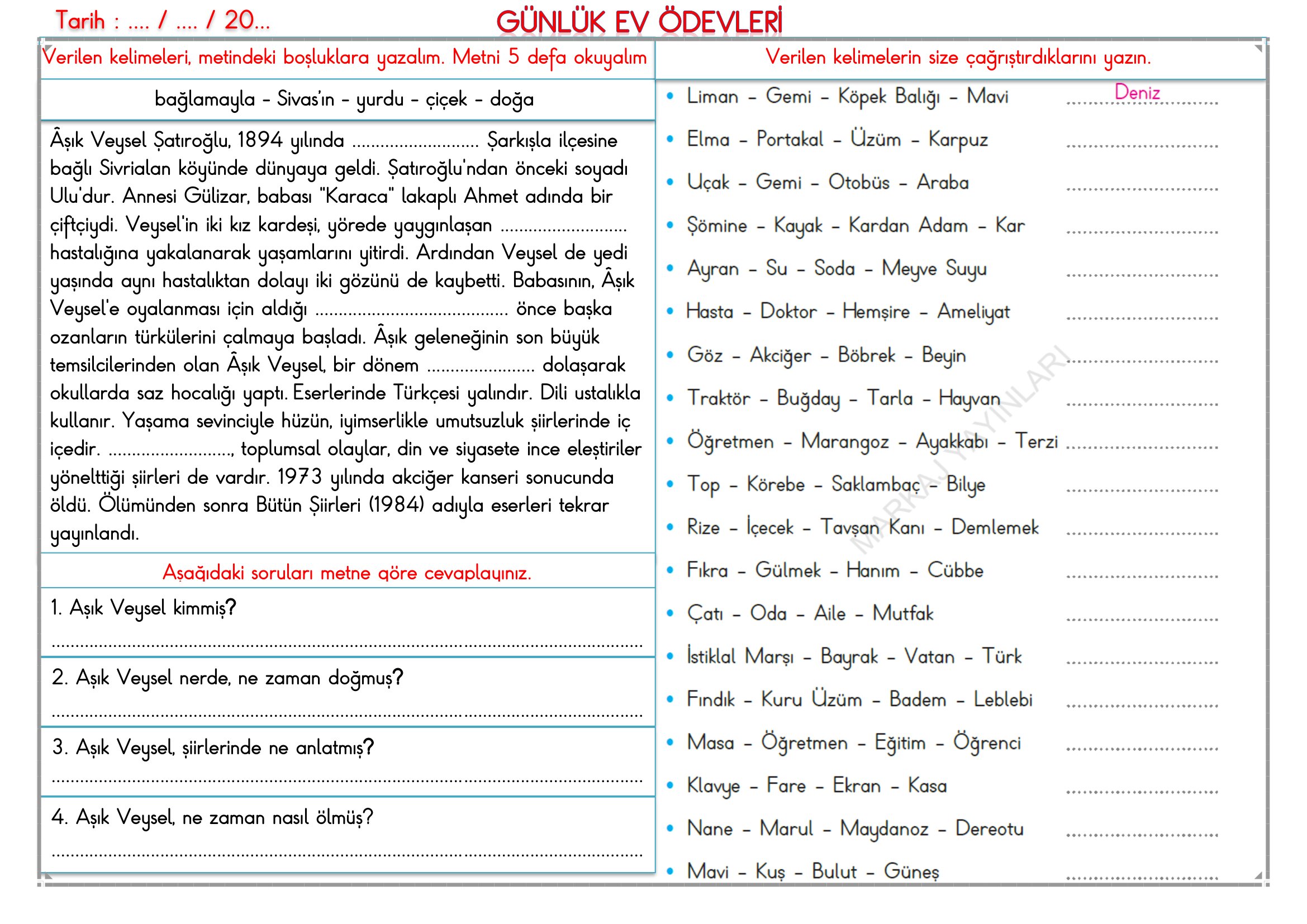 2.Sınıf - 30 Nisan 2026 Günlük Ev Ödevleri