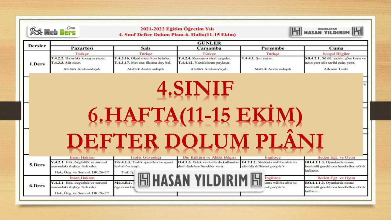 4.Sınıf 6.Hafta(11-15 Ekim) Defter Dolum Planı