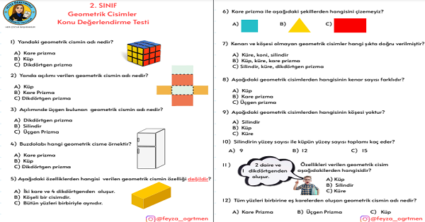 2. Sınıf Geometrik Cisimler Konu Değerlendirme Testi