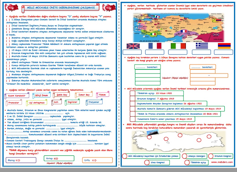 4.Sınıf Sosyal Bilgiler Milli Mücadele Ünite Değerlendirme Çalışması  (4 Sayfa)