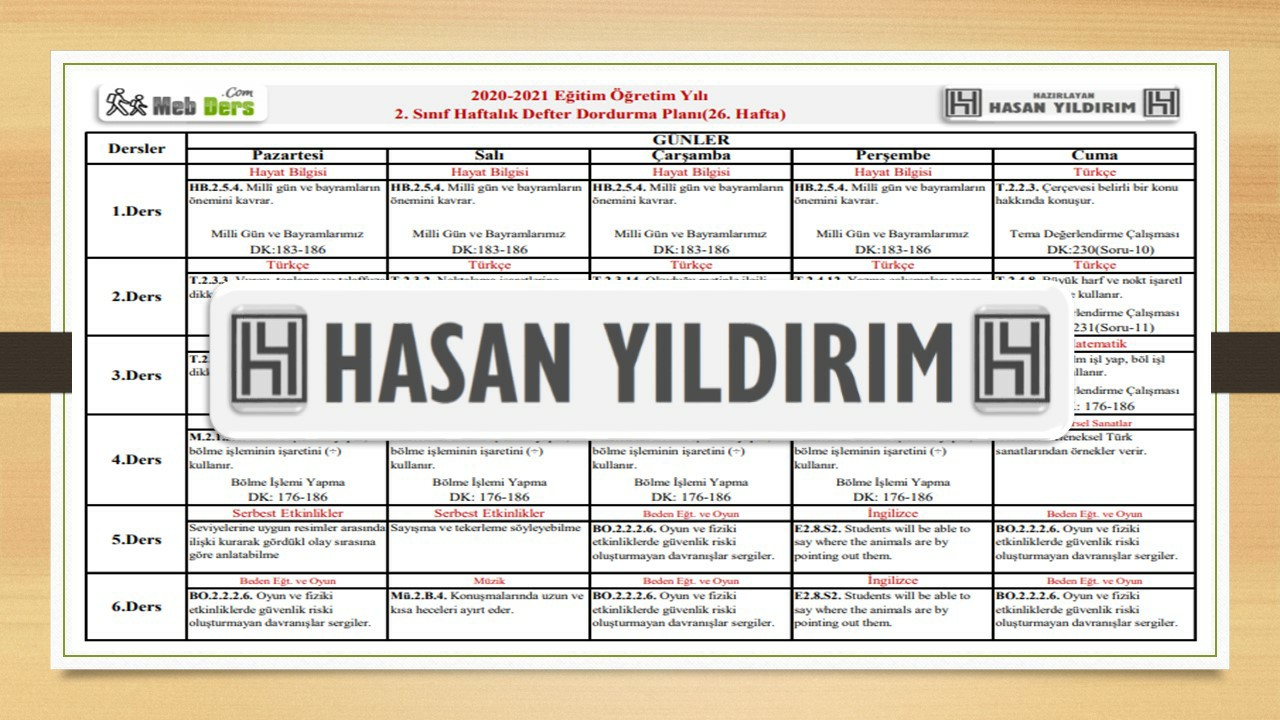 2.Sınıf 26.Hafta(12-16 Nisan) Defter Dolum Planı