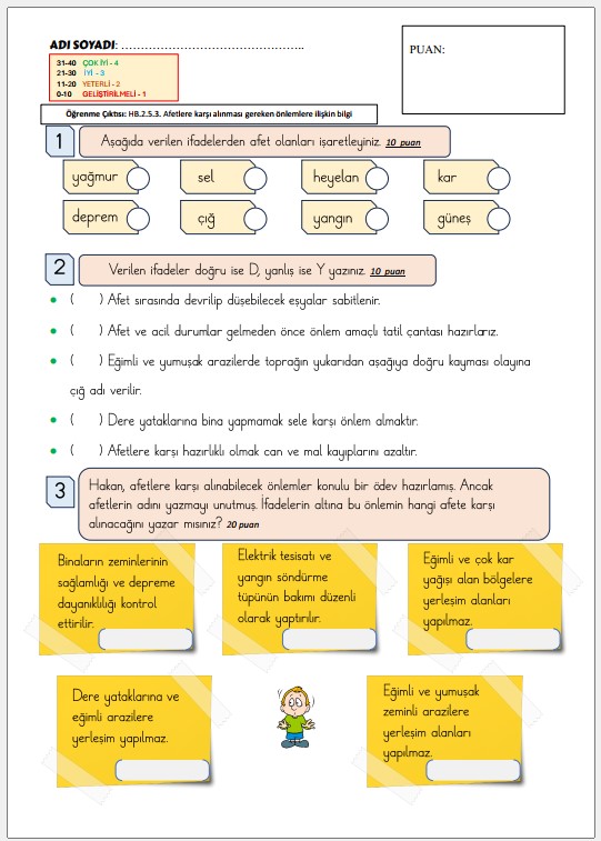 2. Sınıf Hayat Bilgisi Afetler SÜREÇ DEĞERLENDİRME