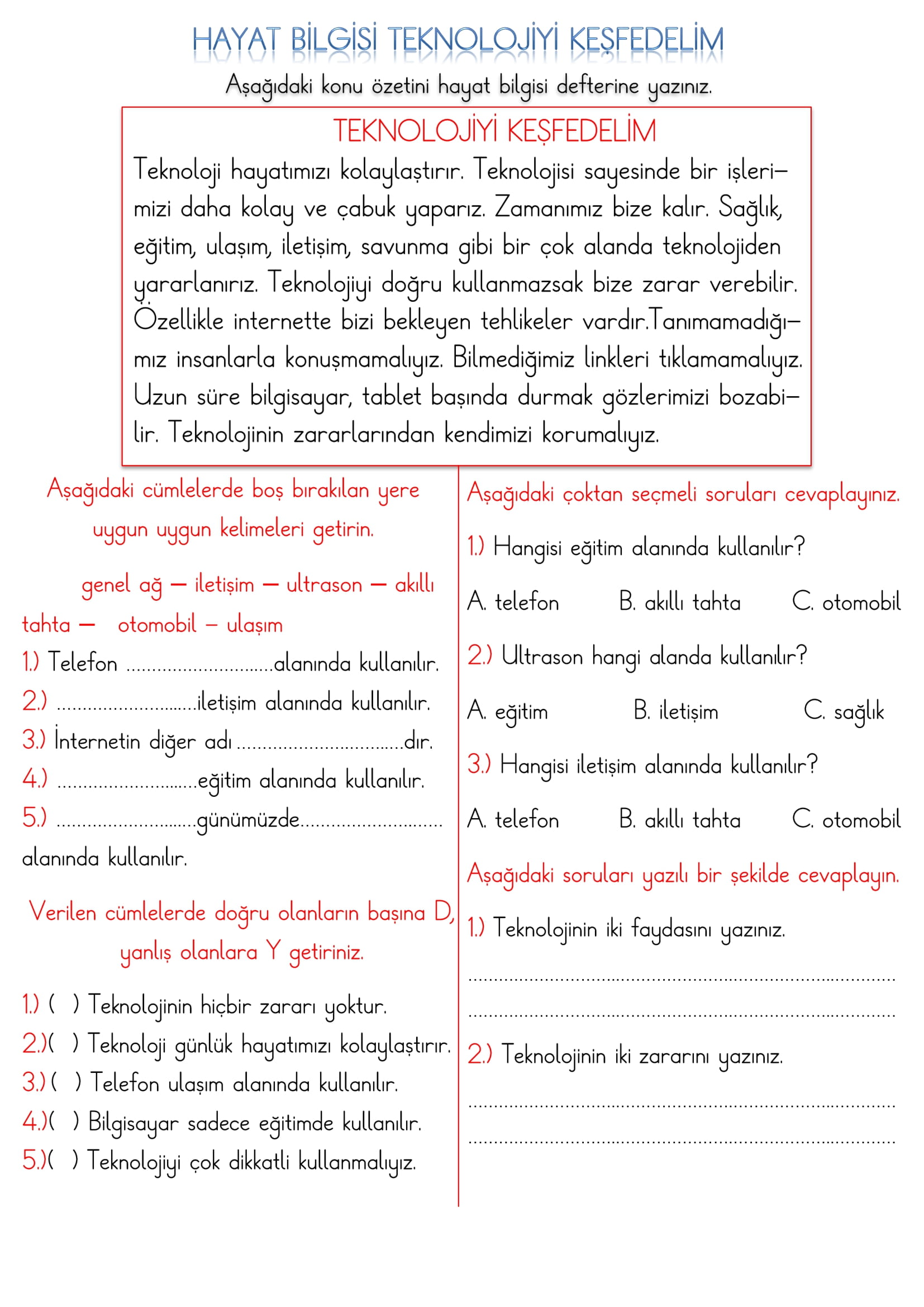 1.Sınıf Hayat Bilgisi Teknolojiyi Keşfedelim Etkinliği