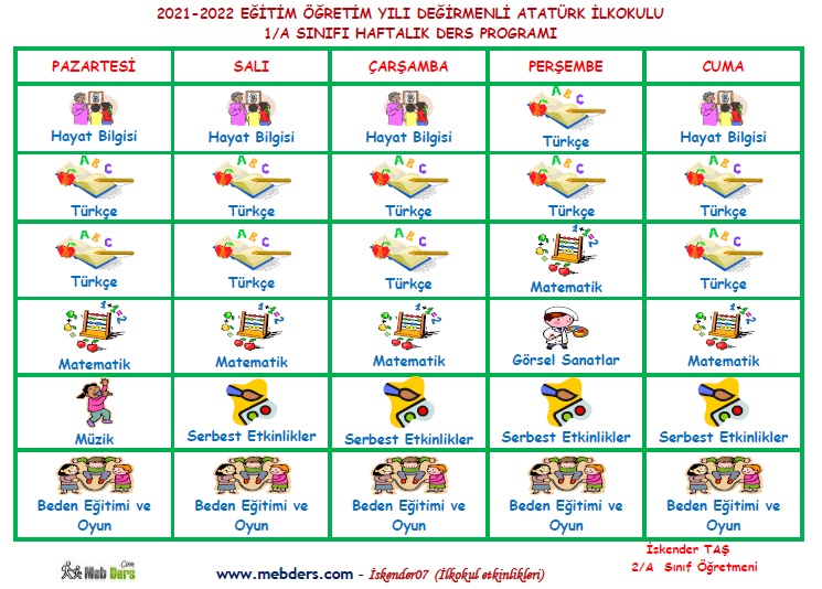 1.Sınıf Resimli Haftalık Ders Programı (Word dosyasıdır düzenlenebilir.)