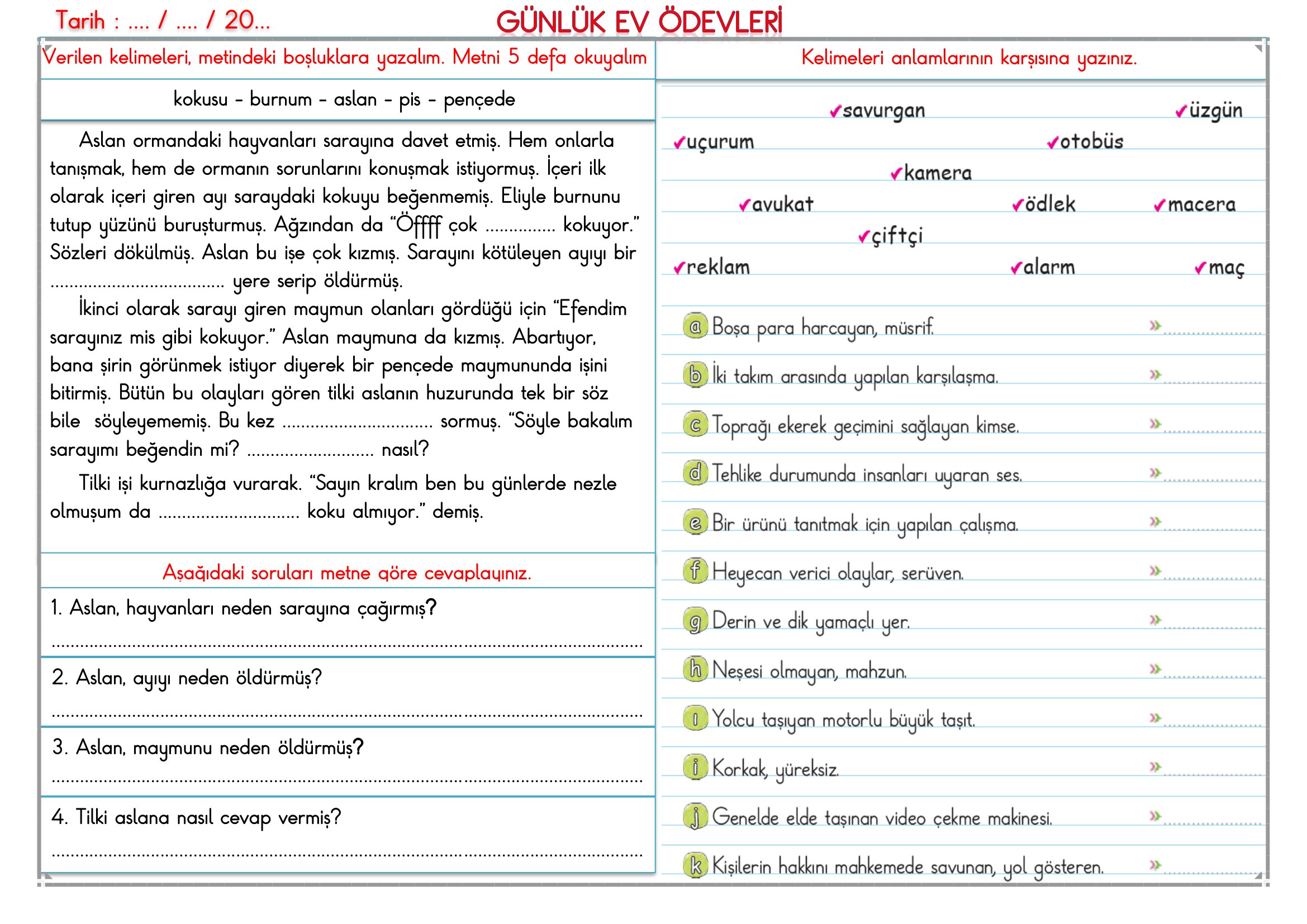 2.Sınıf - 04 Haziran 2026 Günlük Ev Ödevleri