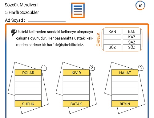 Sözcük Merdiveni Zeka Etkinliği 6 (5 Harfli Sözcükler)