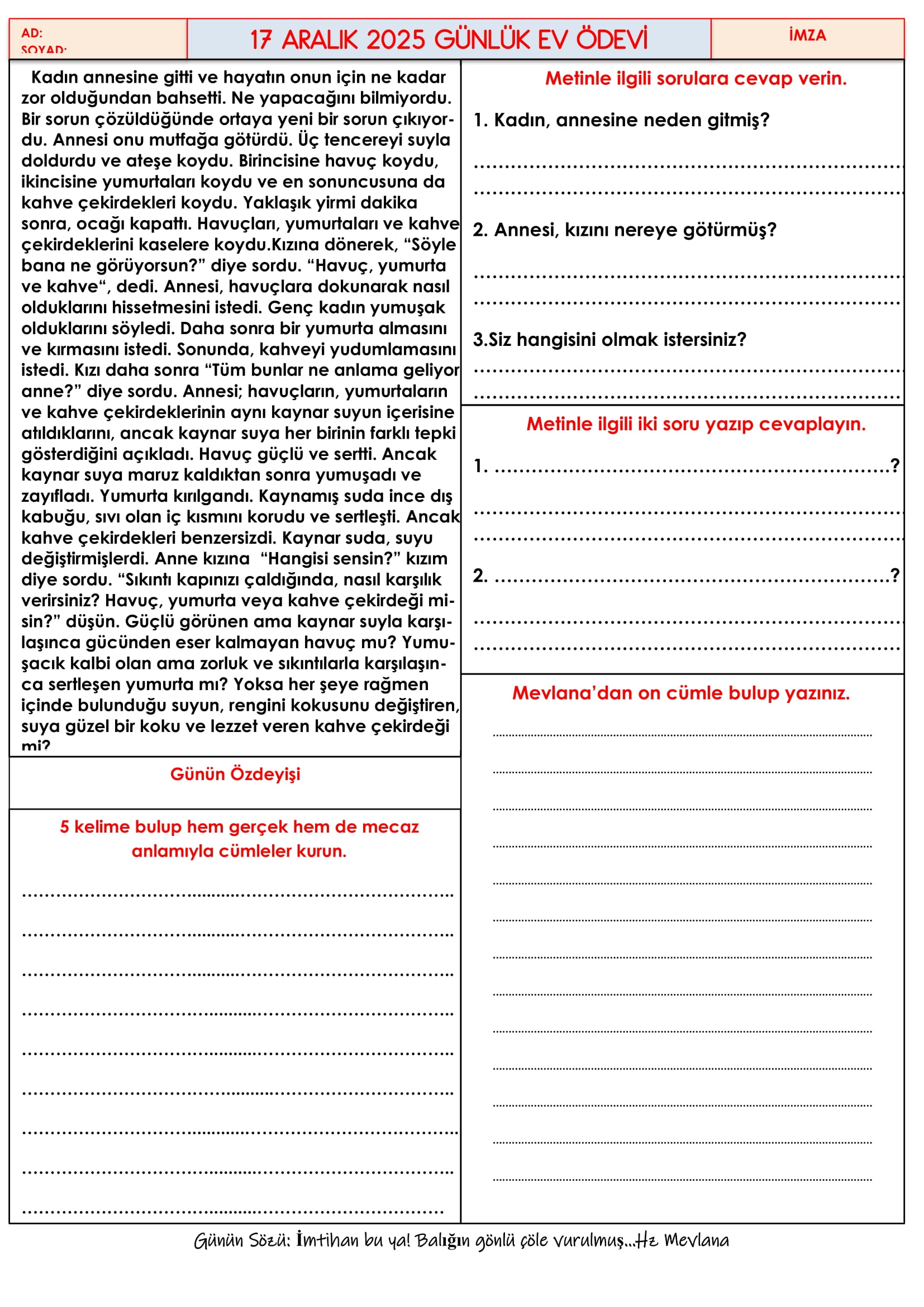 4.Sınıf - 17 Aralık 2025 Günlük Ev Ödevleri