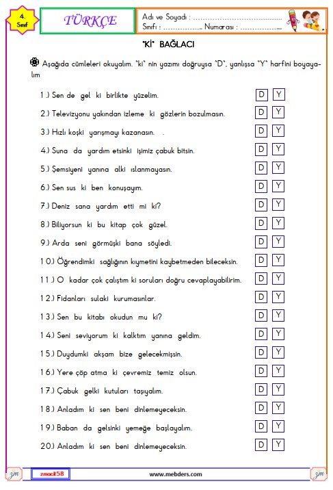 4. Sınıf Türkçe ki Bağlacı Etkinliği 6