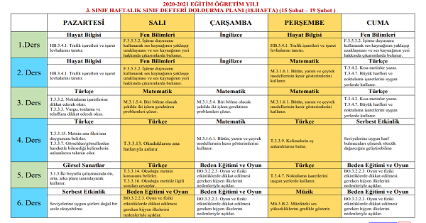 3.Sınıf 18.Hafta(15-19 Şubat) Defter Dolum Planı