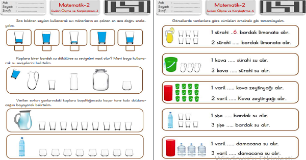 2.Sınıf Matematik Sıvıları Ölçme ve Karşılaştırma Çalışma Sayfaları