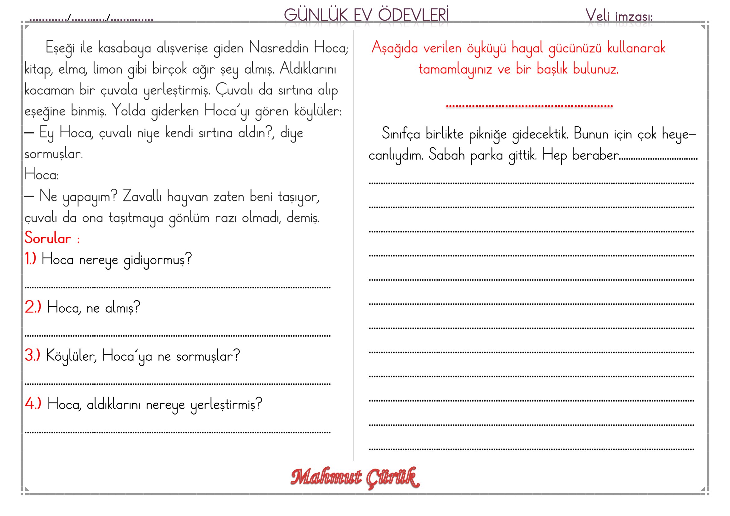 1.Sınıf - 04 Haziran 2026 Günlük Ev Ödevleri