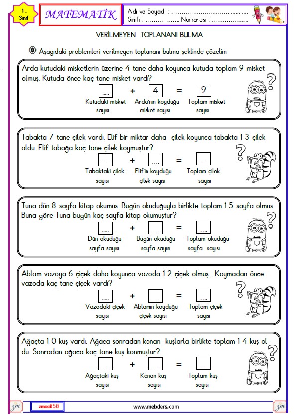 1. Sınıf Matematik Verilmeyen Toplananı Bulma Etkinliği Etkinliği 6