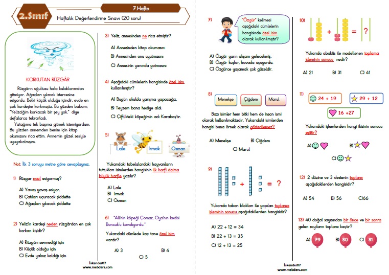 2.Sınıf Haftalık Değerlendirme Testi-7.Hafta(18-22 Ekim)