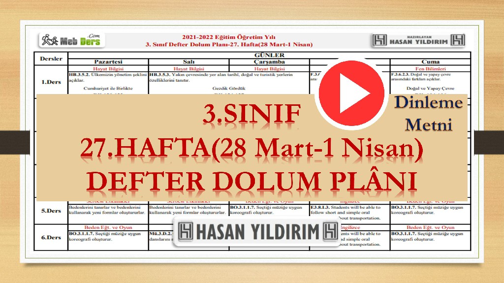 3.Sınıf 27.Hafta(28 Mart-1 Nisan) Defter Dolum Planı