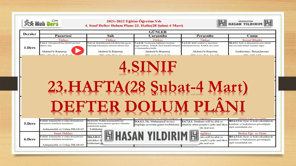 4.Sınıf 23.Hafta(28 Şubat-4 Mart) Defter Dolum Planı