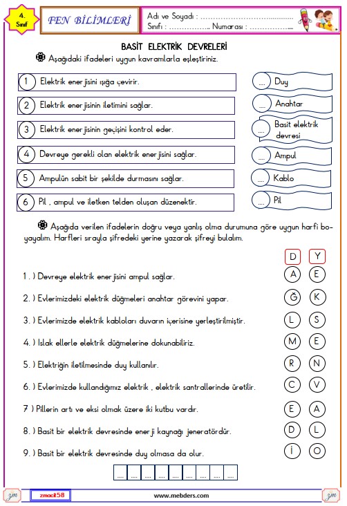 4. Sınıf Fen ve Teknoloji Basit Elektrik Devreleri Etkinliği 3