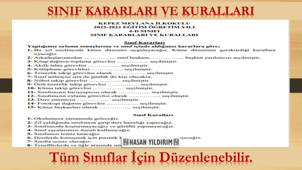 Sınıf Kararları ve Kuralları (Tüm Sınıflar İçin Düzenlenebilir.)