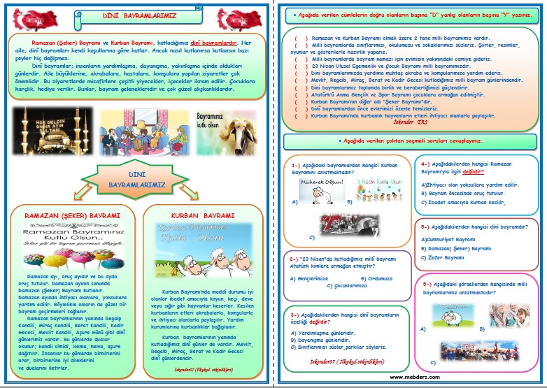 1.Sınıf Hayat Bilgisi Dini Gün ve Bayramlarımız (2 Sayfa)