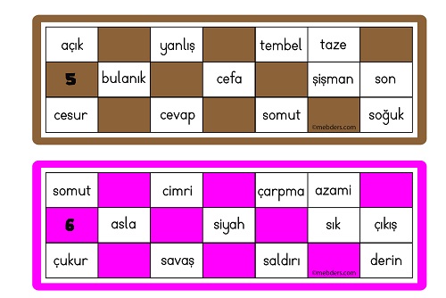 Zıt Anlamlı Sözcüklerle Tombala Oyun Kartları