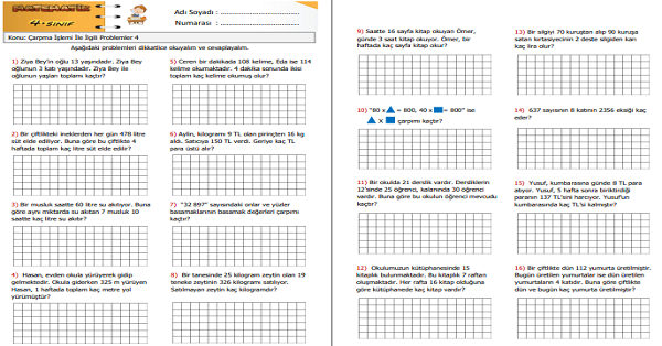4.Sınıf Matematik Çarpma İşlemi İle İlgili Problemler 4