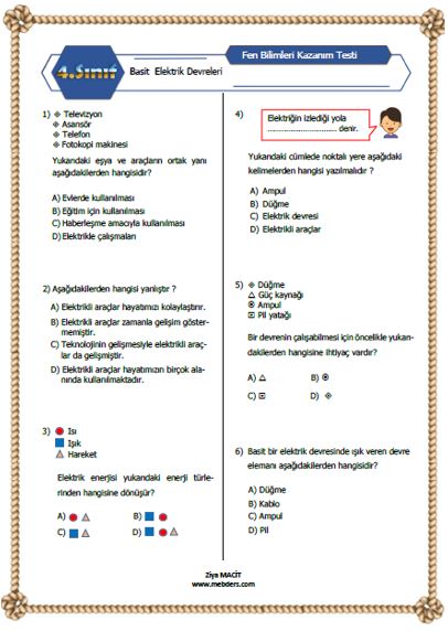 4. Sınıf Fen Bilimleri  Basit Elektrik Devreleri Kazanım Testi