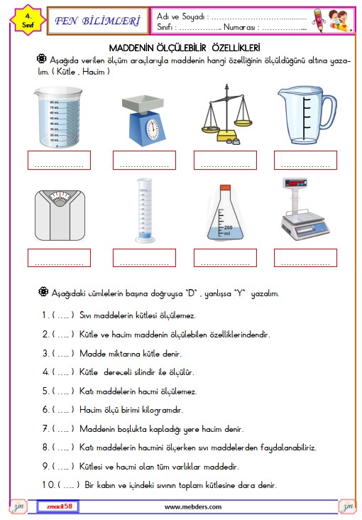 4. SınıfFen Bilimleri Maddenin Ölçülebilir Özellikleri Etkinliği