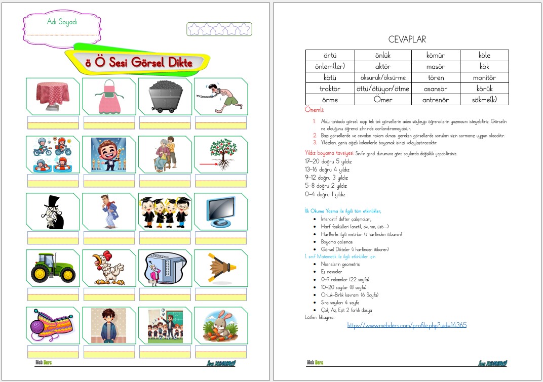 1. Sınıf İlk Okuma Yazma Ö sesi GÖRSEL DİKTE