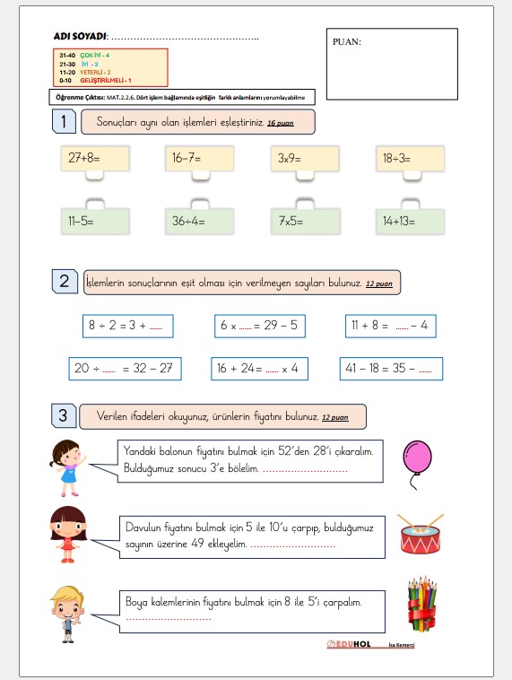 2. Sınıf Matematik Eşitlik SÜREÇ DEĞERLENDİRME