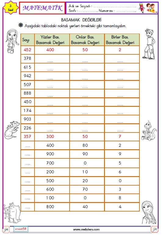 3. Sınıf Matematik Basamak Değerleri Etkinliği 2