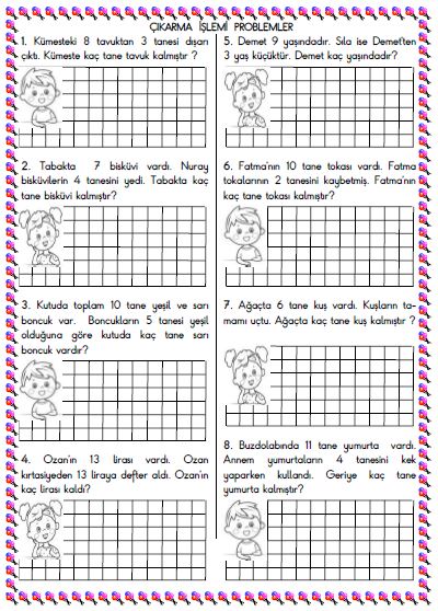 1. Sınıf Matematik Çıkarma İşlemi Problemleri Etkinlikleri