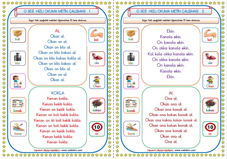1.Sınıf O-o Sesi Hızlı Okuma Çalışması 1-2     (4 Farklı Karesel Metin- 2 SAYFA)