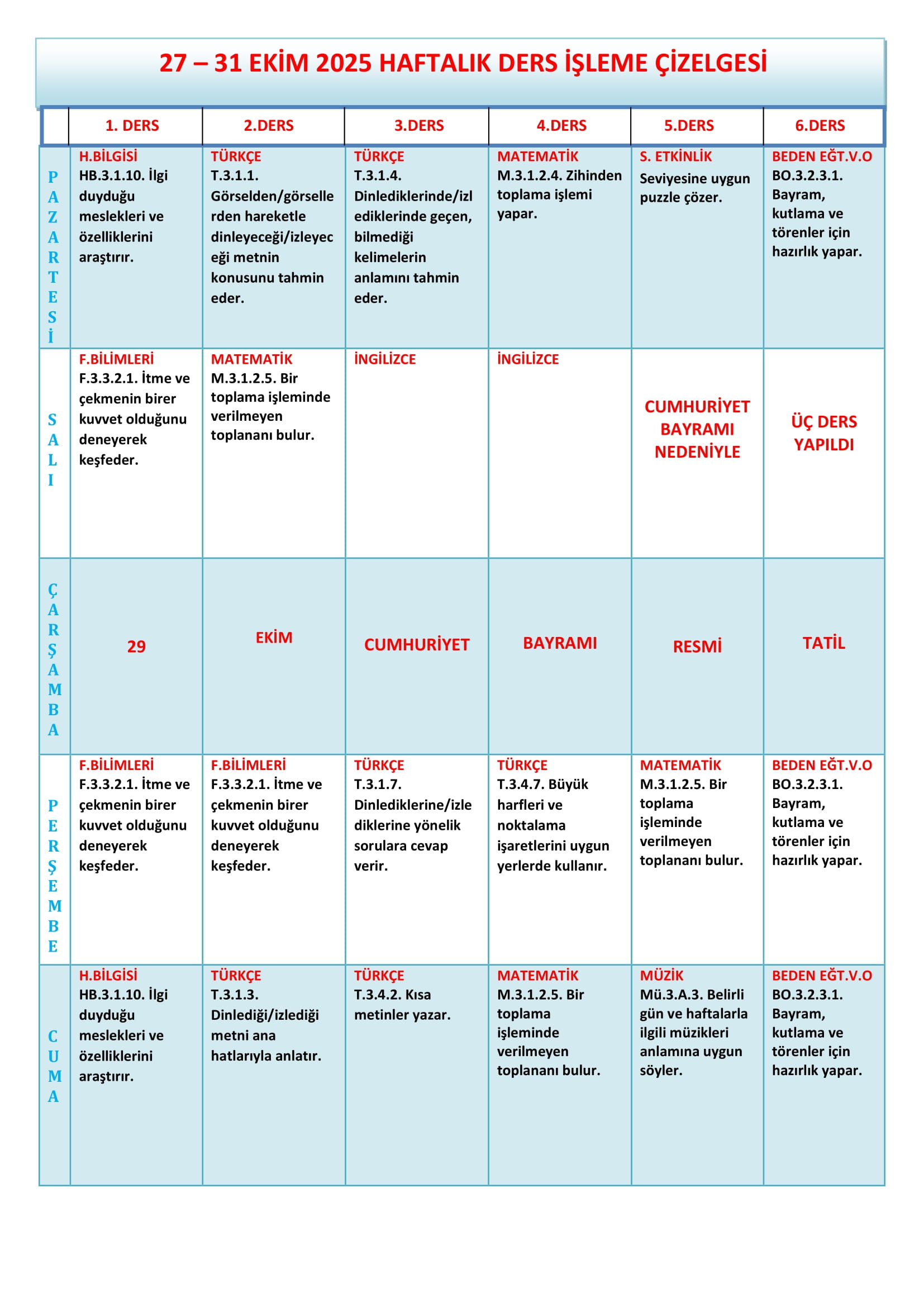 3.Sınıf 27 - 31 Ekim 2025 Haftalık Ders İşleme Çizelgesi.doc