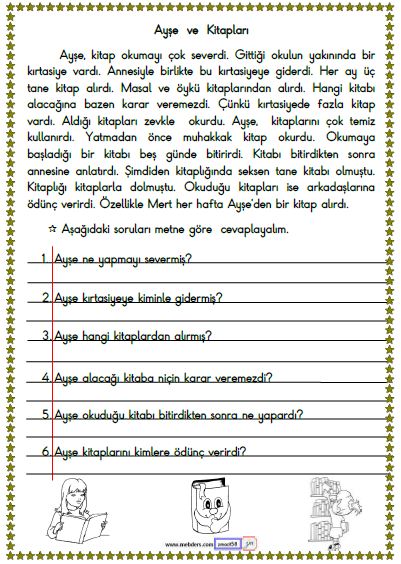 1. Sınıf Türkçe Okuma ve Anlama Metni Etkinliği ( Ayşe ve Kitapları )