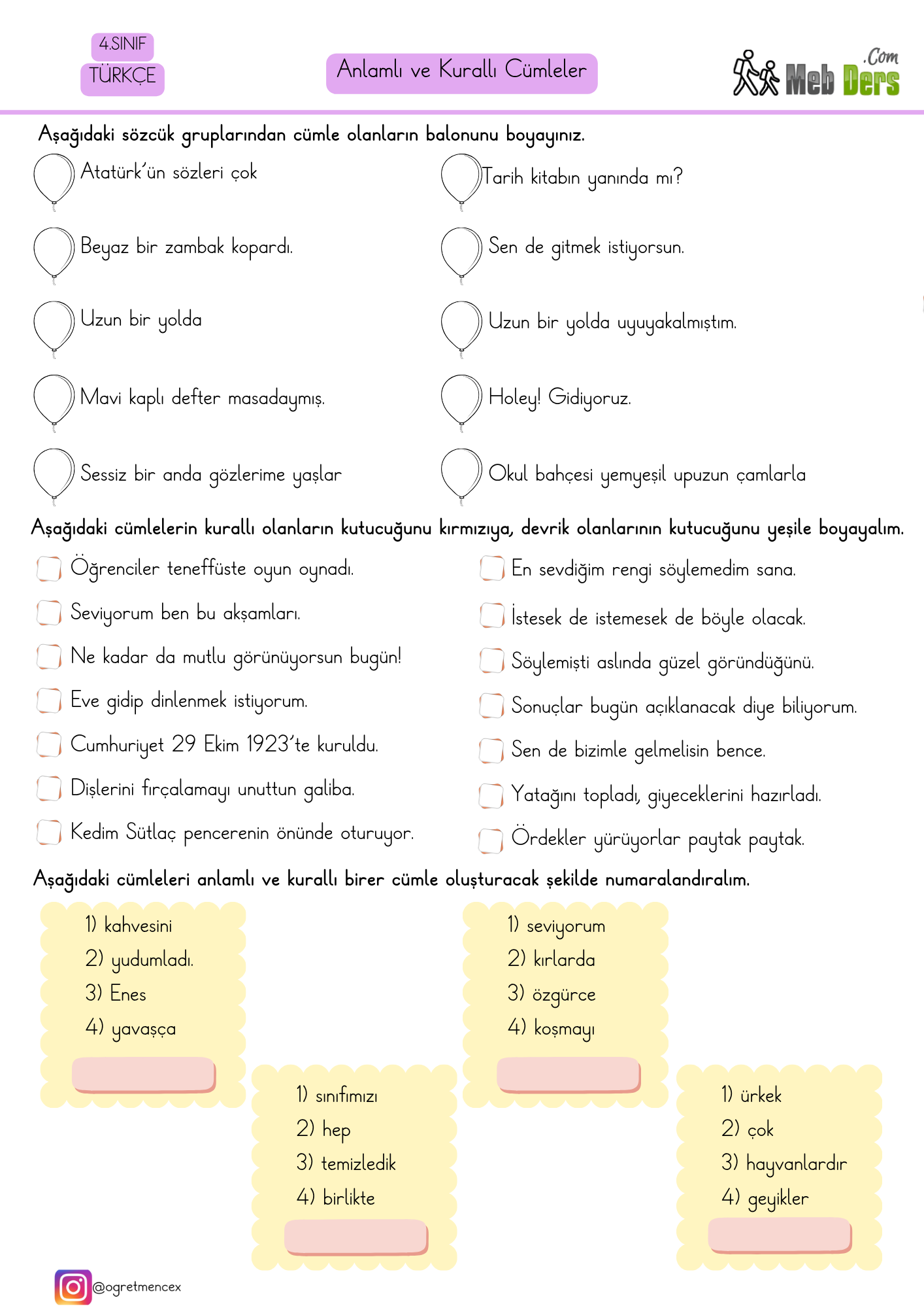 4.Sınıf Türkçe Anlamlı ve Kurallı Cümleler Etkinliği