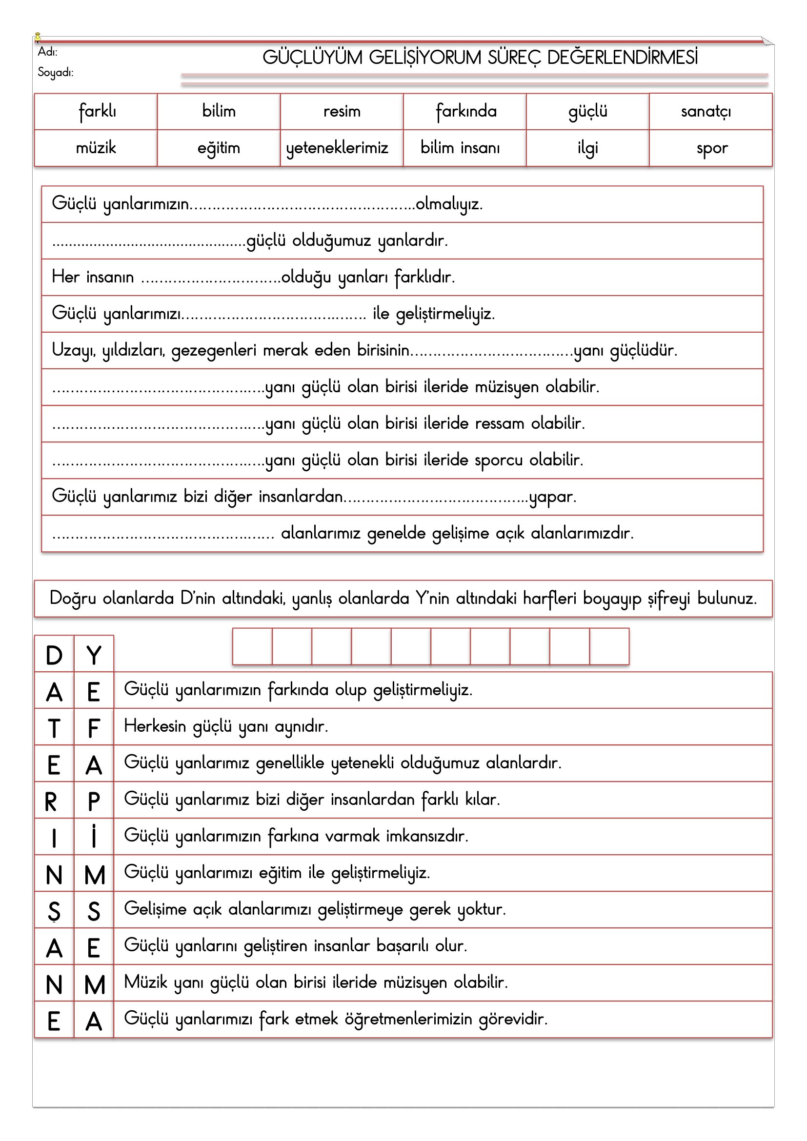 3.Sınıf - Hayat Bilgisi Güçlüyüm Gelişiyorum Süreç Değerlendirme