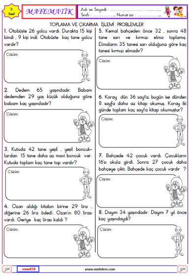 2.Sınıf Matematik Toplama ve Çıkarma İşlemi Problemler Etkinliği 1