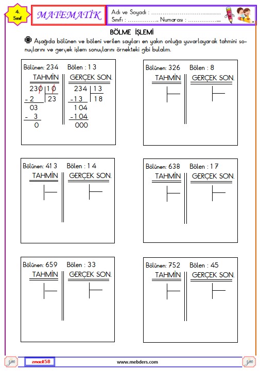 4. Sınıf Matematik Bölme İşlemini Tahmin Edelim Etkinliği 1