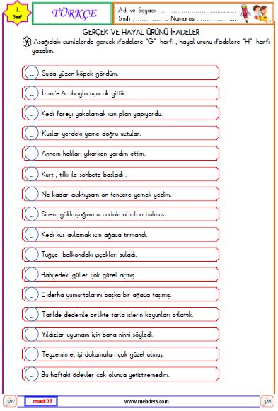 3. Sınıf Türkçe  Gerçek ve Hayal Ürünü İfadeler Etkinliği