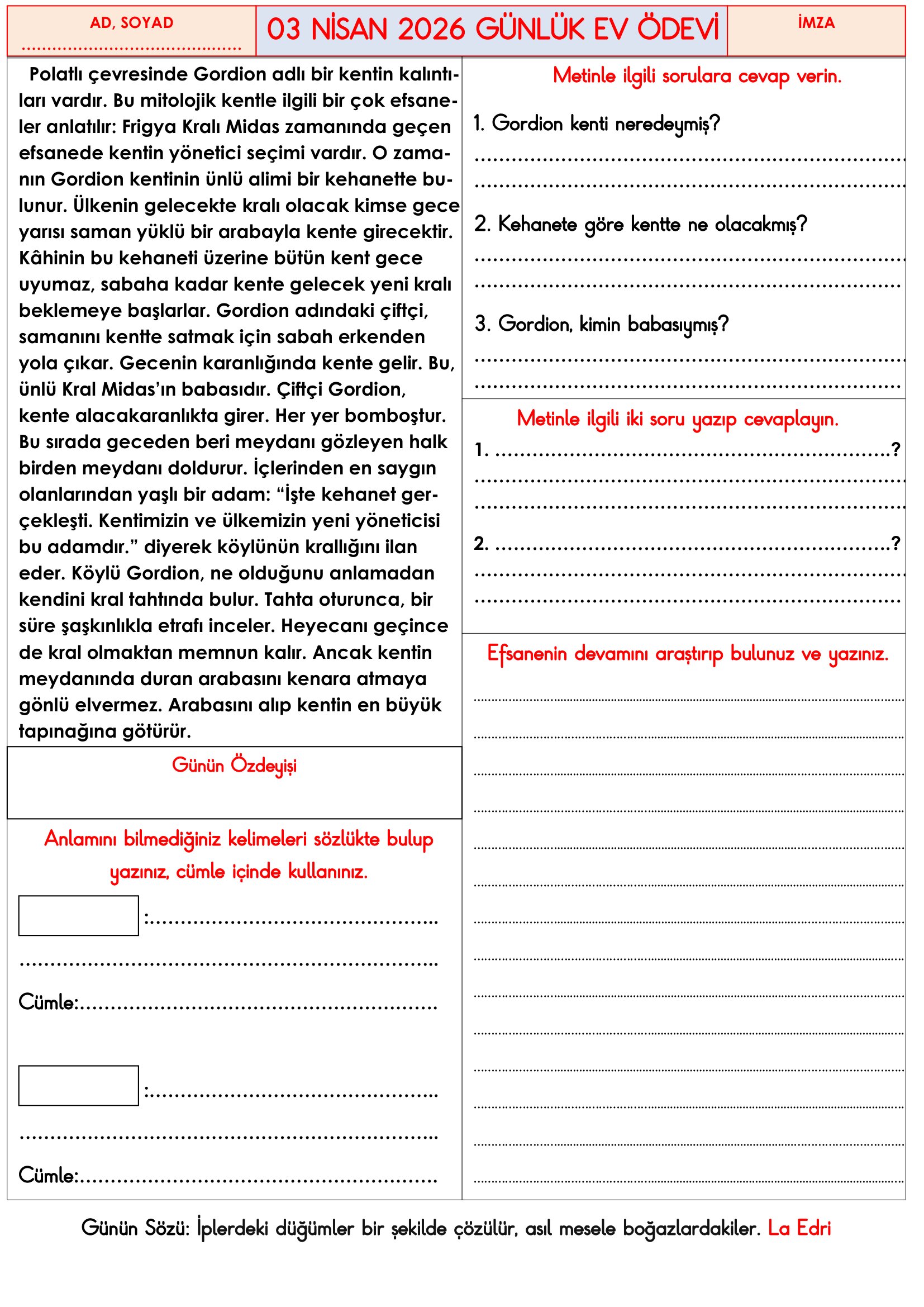 3.Sınıf - 03 Nisan 2026 Günlük Ev Ödevleri